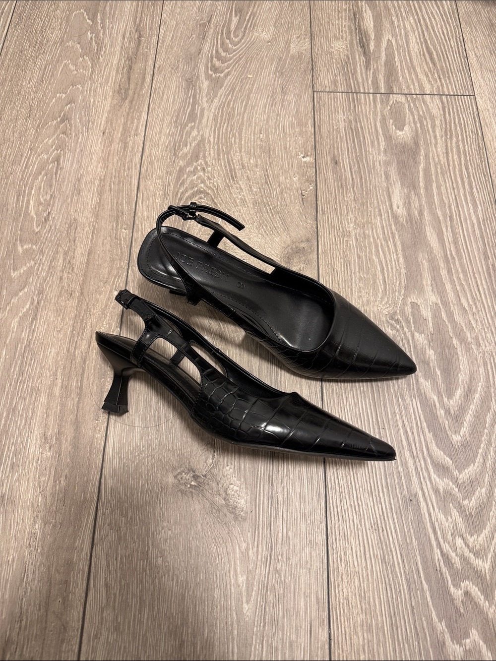 Black Croc-Embossed Pointed Slingback Kitten Heels